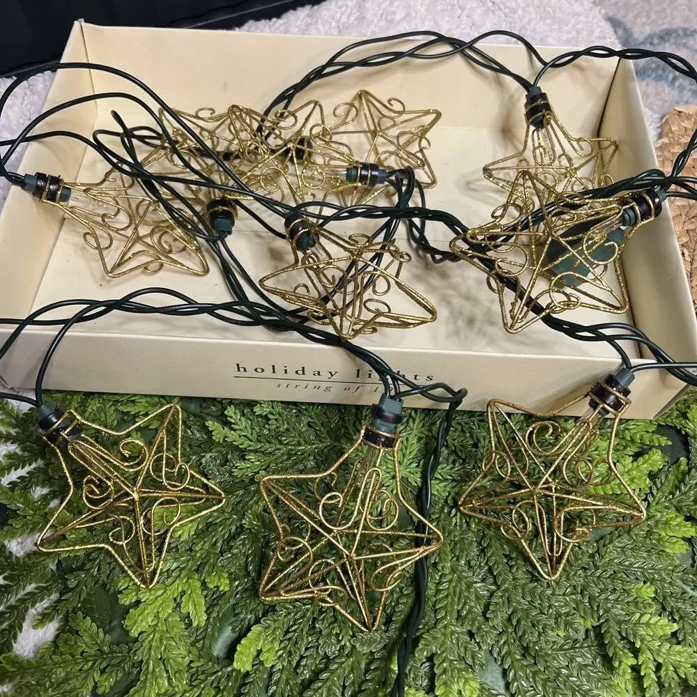 Vintage Pier 1 Metal Wire Gold Star String Lights Holiday Party Christmas
